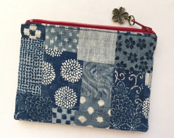 Indigo Zipper Pouch / Coin Purse 3.5”x5” - “Boro” Japanese Traditional Patched Textile Pattern