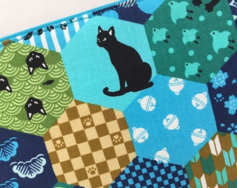 CAT 縁起もの Cat Zipper Pouch / Cosmetic Pouch 5x8”- Black Cats on