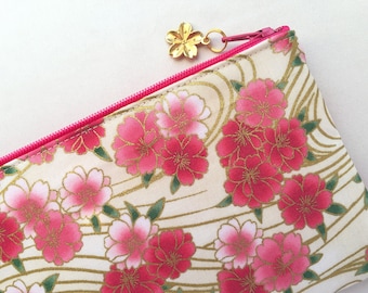 Yaezakura Zipper Pouch / Coin Purse or Pencil Case - Double-Flowered Cherry Blossom on Cream