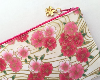 Yaezakura Zipper Pouch / Coin Purse 3.5”x5” or Pencil Case 4”x8” - Double-Flowered Cherry Blossom on Cream