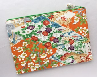 Upcycled Vintage Kimono Zipper Pouch 6”x9” - White Camellia and the Scenery of Japanese Garden