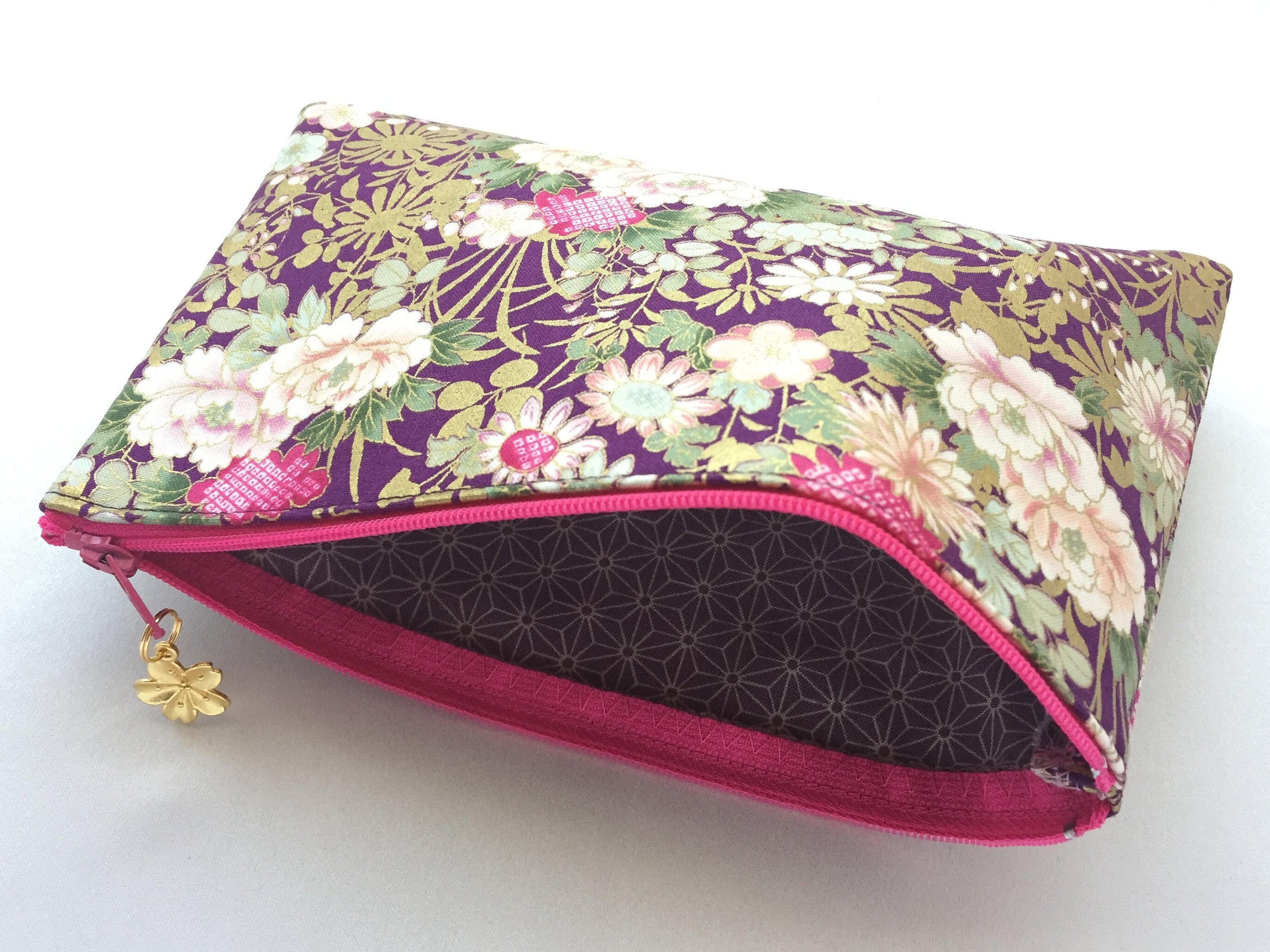 Japanese Garden Zipper Pouch / Cosmetic Purse 5”x8” - Peony