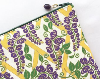 Fuji Zipper Pouch / Cosmetic Purse 6”x9” - Japanese Wisteria and Trellis