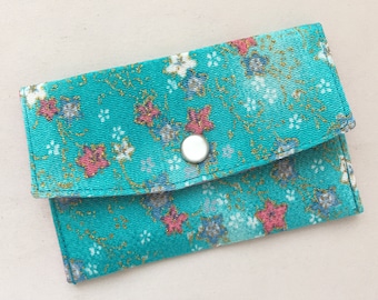 Chirimen Business Card Case/ Gift Card Holder/ Mini Coin Purse - Kawaii Flowers on Robin’s Egg Blue