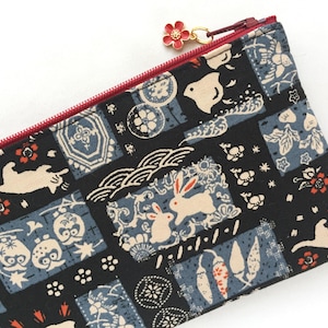 Wagara Zipper Pouch - Traditional Japanese Pattern - Bunny, Owl, Chidori, Neko, Sakura, Seigaiha - Indigo on Black