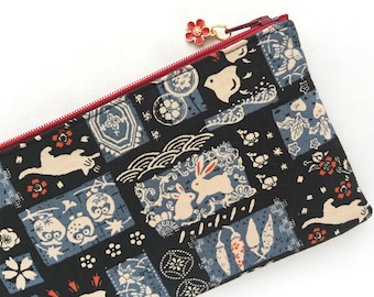 Wagara Zipper Pouch - Traditional Japanese Pattern - Bunny, Owl, Chidori, Neko, Sakura, Seigaiha - Indigo on Black