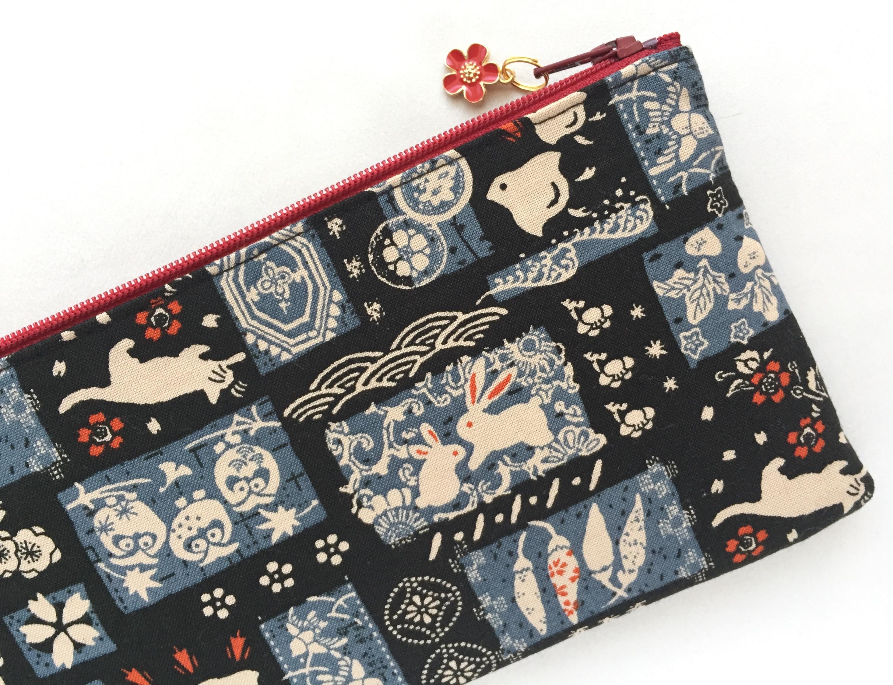 Wagara Zipper Pouch/Coin Purse or Pencil Case - Traditional Japanese Pattern - Bunny, Owl, Chidori, Neko, Sakura, Seigaiha - Indigo on Black