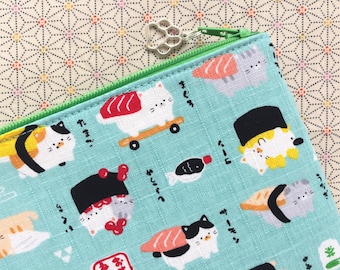 Sushi Neko Zipper Pouch / Cosmetic Purse - Kawaii Japanese Cats - Aqua
