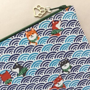 Shiba-inu & Seigaiha Zipper Pouch - Japanese Lucky Dog - Shiba and Ocean Wave Pateern