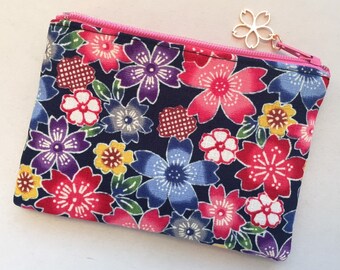 Sakura Zipper Pouch/ Coin Purse 3.5”x5” - Pink and Indigo