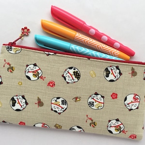 Maneki Neko Zipper Pouch /Coin Purse or Pencil Case Japanese Lucky Cat Pencil Case 4”x8”