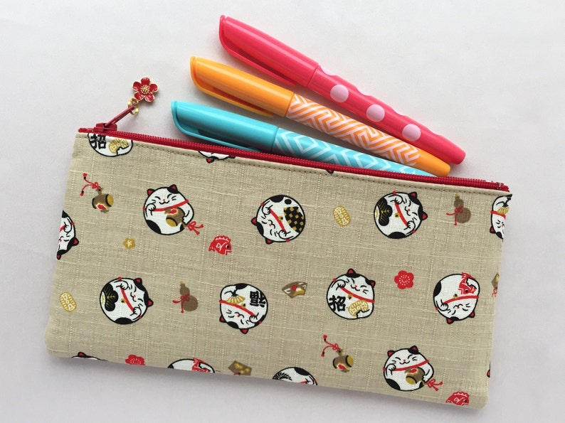 Maneki Neko Zipper Pouch /Coin Purse or Pencil Case Japanese Lucky Cat Pencil Case 4”x8”