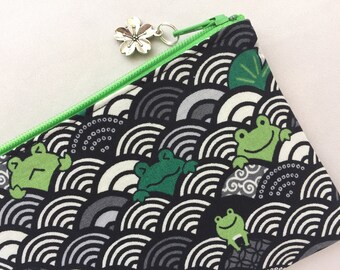 Seigaiha & Kaeru Zipper Pouch / Coin Purse or Pencil Case - Japanese Traditional Pattern - Ocean Waves and Frogs