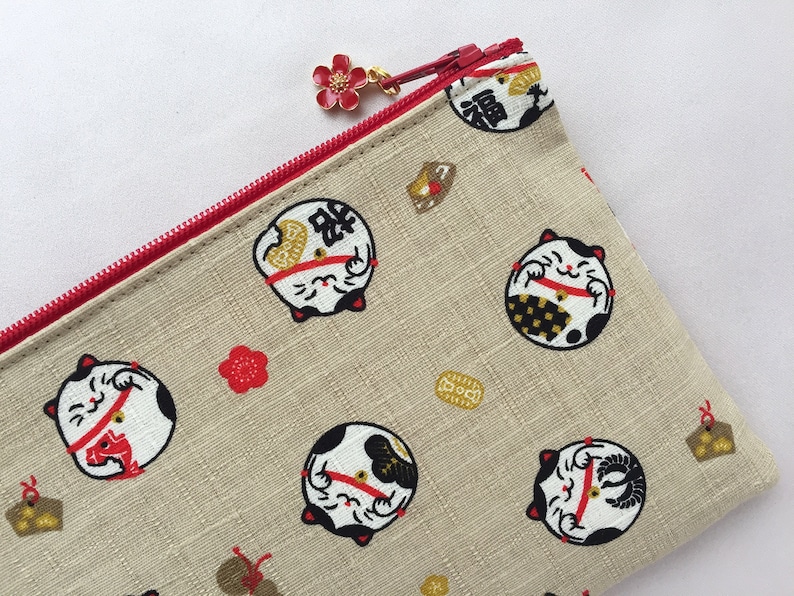 Maneki Neko Zipper Pouch /Coin Purse or Pencil Case Japanese Lucky Cat image 1