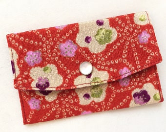 Chirimen Business Card Case/ Gift Card Holder/ Mini Coin Purse - Plum Blossom on Asanoha - Vermilion