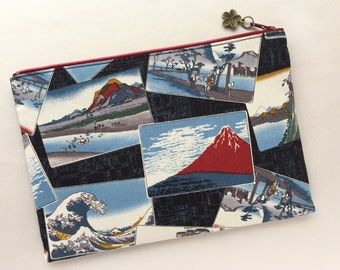 Ukiyoe Zipper Pouch / Cosmetic Purse 6”x9” - Japanese Woodblock Prints by Hokusai & Hiroshige