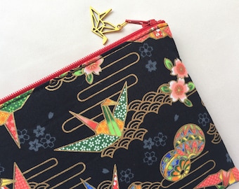 Origami Crane Zipper Pouch / Cosmetic Purse 5”x8”