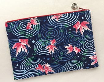 Goldfish Zipper Pouch / Cosmetic Purse 6”x9” - Japanese Traditional Lucky Red Fish - Goldfish - Long-Tailed Ryukin on Indigo