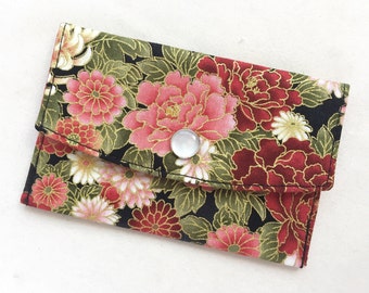 Business Card Case / Gift Card Holder / Snapped Pouch - Peony & Chrysanthemum - Black