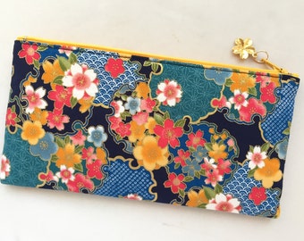 Kimono Zipper Pouch / 4”x8” Pencil Case - Sakura and  Ume with Yukiwa-mon of Asanoha, Seigaiha, & Kanoko-Shibori - Indigo