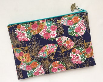 Folding Fan Zipper Pouch / Cosmetic Purse 6”x9” - Japanese Traditional Flowers