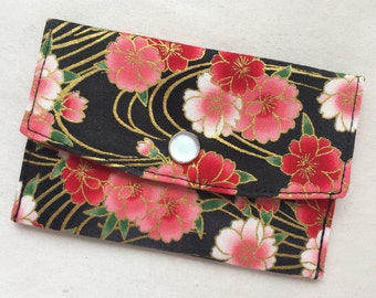 Business Card Case / Gift Card Holder / Snapped Pouch - Yaezakura - Double-Flowered Cherry Blossom on Charcoal