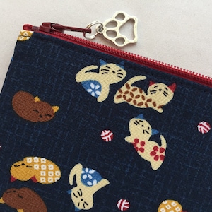 Cat Zipper Pouch / Coin Purse or Pencil Case - Traditional Japanese Pattern - Kawaii Neko