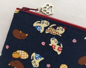 Cat Zipper Pouch / Coin Purse or Pencil Case - Traditional Japanese Pattern - Kawaii Neko