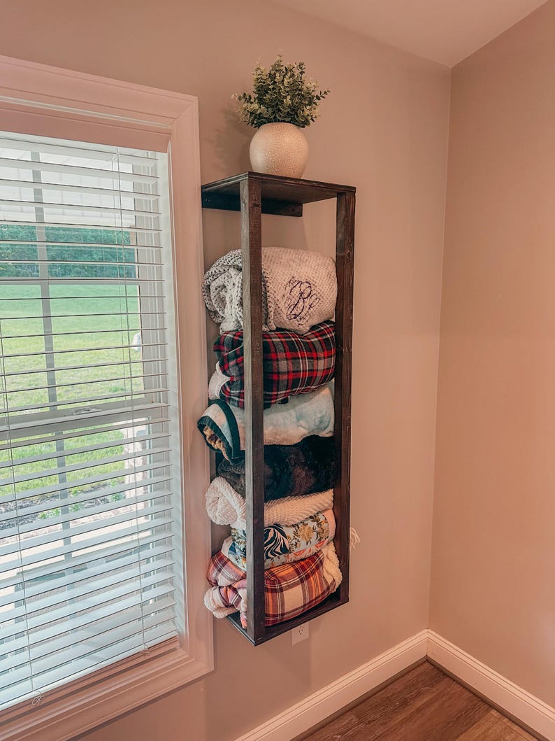 Wall Mounted Blanket Holder: Rustic Wood Towel Rack, Living Room Decor ...