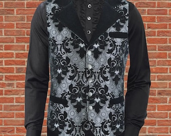 Men&#39;s Steampunk Victorian Waistcoat - Black and Silver Brocade Vest - Gothic Formalwear for Cosplay, Weddings Vest/USA