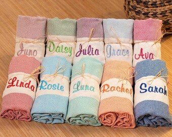 Toalla de playa turca con bordado personalizado, regalo para dama de honor y despedida de soltera, toalla personalizada de algodón orgánico, regalo para ella