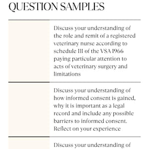 May include: A black and white image with the text "LEGISLATION" at the top. Below the text are three question samples for veterinary nurses. The first question asks about the role and remit of a registered veterinary nurse. The second question asks about informed consent. The third question asks about the requirements for professional registration as a veterinary nurse.