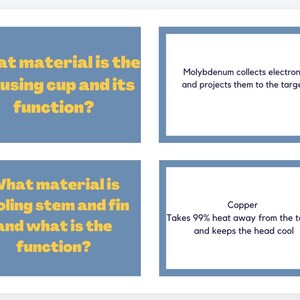 May include: A diagram with four blue boxes containing yellow text. The top left box asks "What material is the focusing cup and its function?" The top right box says "Molybdenum collects electrons and projects them to the target." The bottom left box asks "What material is cooling stem and fin and what is the function?" The bottom right box says "Copper Takes 99% heat away from the target and keeps the head cool."