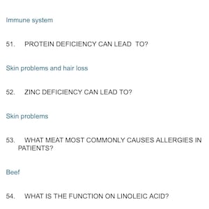 May include: A list of questions and answers about human biology and health. The questions cover topics such as stress response, protein deficiency, zinc deficiency, and food allergies. The answers provide information about the effects of these conditions on the body.
