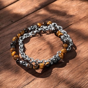 Men&#39;s Natural Stone Bracelet - Tiger Eye, Hematite, Silver Accent