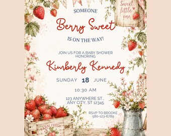 Invitación para baby shower con temática de fresas, plantilla editable de Canva, invitación floral estilo cottagecore.