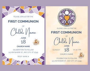 Plantilla de invitación para la Primera Comunión / Diseño elegante de vidrieras (Descarga digital)