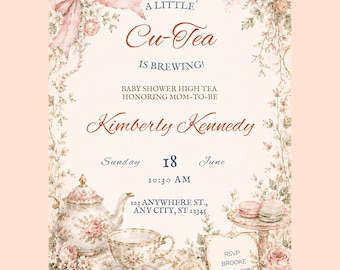 Invitación para baby shower con temática de fiesta de té, Se está preparando un pequeño té adorable, Inspirada en Bridgerton (Plantilla de Canva para descargar)