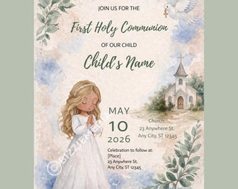 Plantilla de invitación para la Primera Comunión, opciones étnicas para niño y niña (descarga digital)