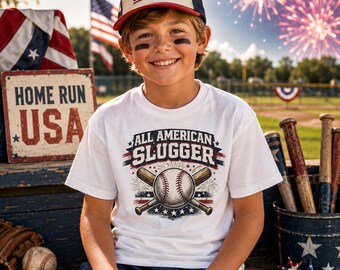 Camiseta de béisbol infantil All American Slugger, camiseta juvenil vintage americana, camiseta de béisbol patriótica para niños, camiseta deportiva retro con estampado gráfico