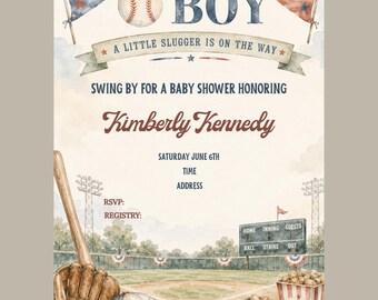 Invitación para baby shower con temática de béisbol vintage (plantilla digital de Canva para descargar)