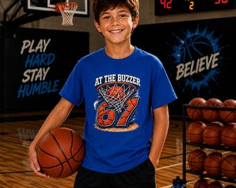 Camiseta juvenil de baloncesto con estampado gráfico, camiseta para el día del partido "At The Buzzer 67"