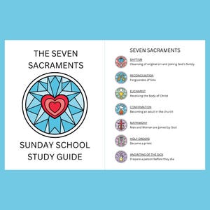 Seven Sacraments Study Guide | Sunday School Lesson | Coloring Pages and Word Search | Sacrament & Essential Catholic Prayers Flash Cards