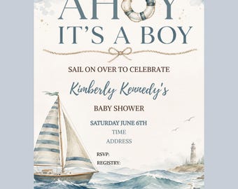 Plantilla de invitación para baby shower con temática náutica, ¡Ahoy, es un niño!, invitación con velero en acuarela, plantilla editable de Canva.