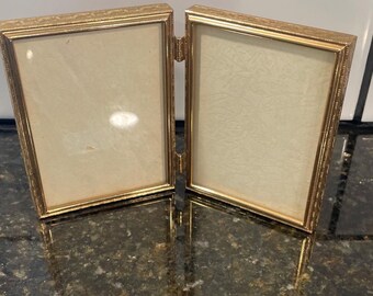 Vintage Bi-fold Picture Photo Frame Gold Tone Metal Ornate Hinged Art ...