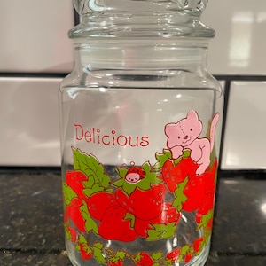 Vtg. Strawberry Shortcake Custard Cat Kitty Glass Jar Canister w/Lid.