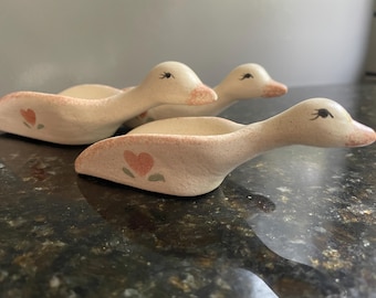 Read Description! 80's Ceramic Duck Head (3) Hand Scoops Painted w/Heart and Holder. Peach/Green/Cream.