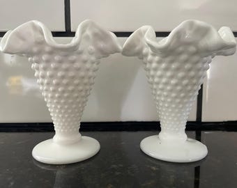 Vintage Fenton White Milk Glass Hobnail Footed Crimped Ruffled -2 Mini Vases