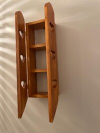 Vintage 3 shelf wood heart cut out knick-knack Display wall hanging w/doors that open and close country farmhouse cottage core.