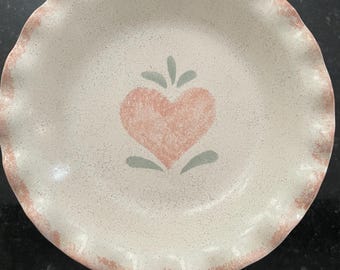 Read Descript! Vtg. 80's Country Peach Heart Stoneware Ruffled Edge Pie Dish Plate. Cottagecore.